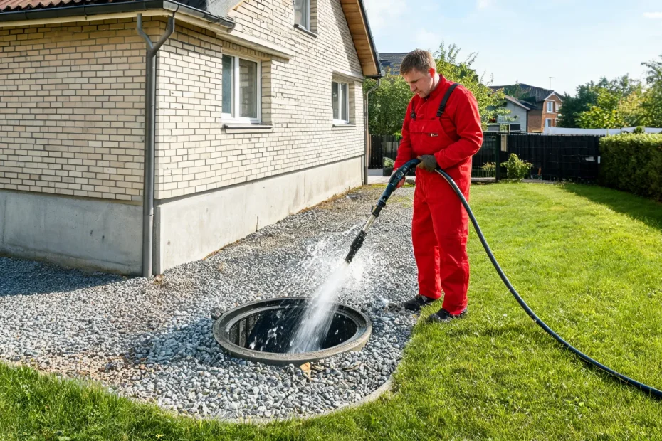 Drainage spülen: Fachkraft reinigt die Drainageleitung am Hausfundament mit Hochdruck