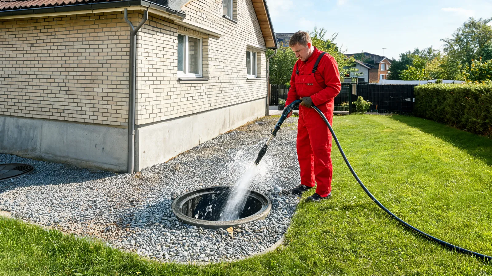 Drainage spülen: Fachkraft reinigt die Drainageleitung am Hausfundament mit Hochdruck