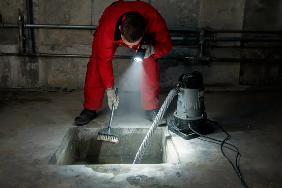 Pumpensumpf reinigen: Techniker reinigt den Pumpenschacht im Keller