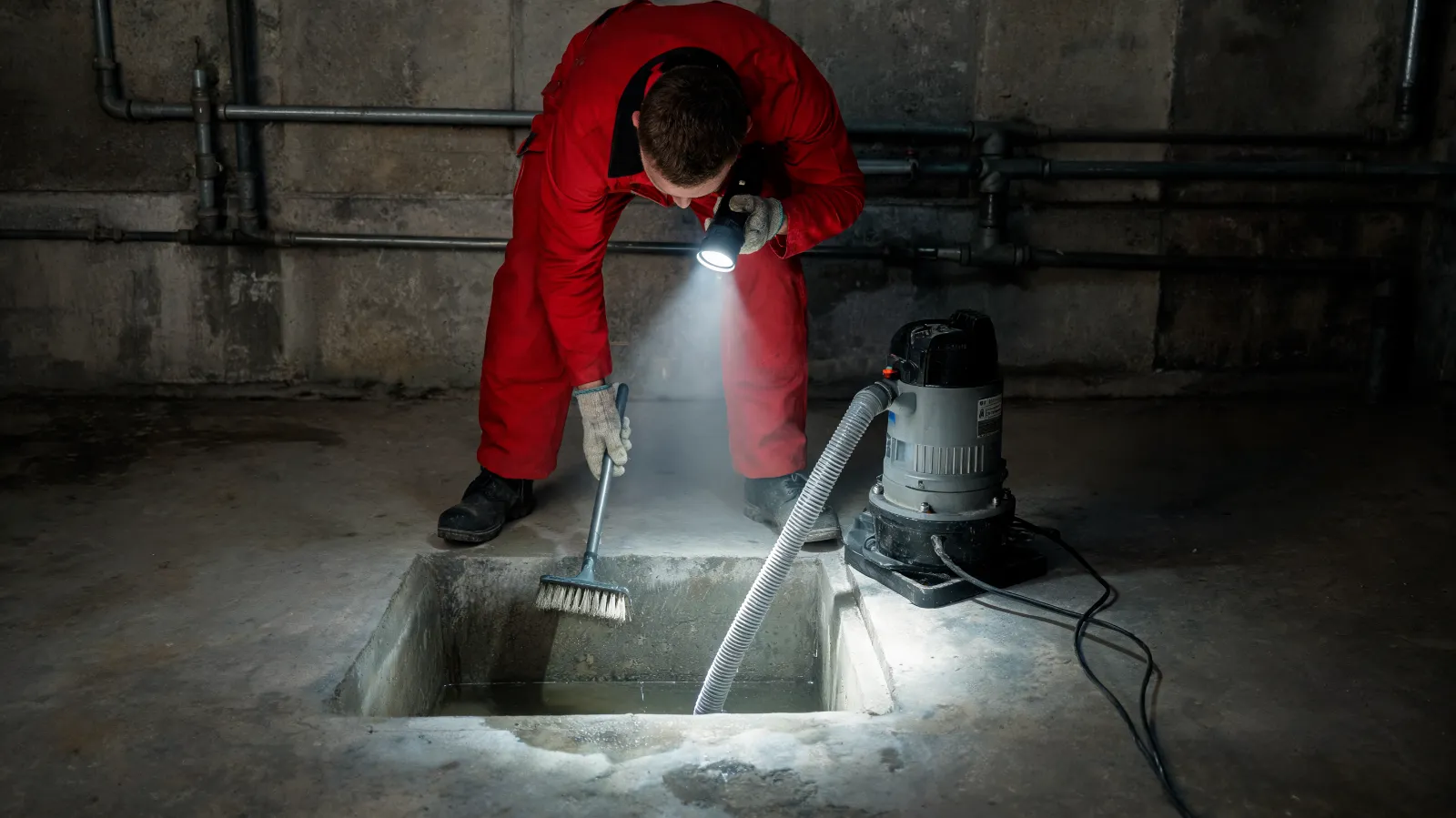 Pumpensumpf reinigen: Techniker reinigt den Pumpenschacht im Keller