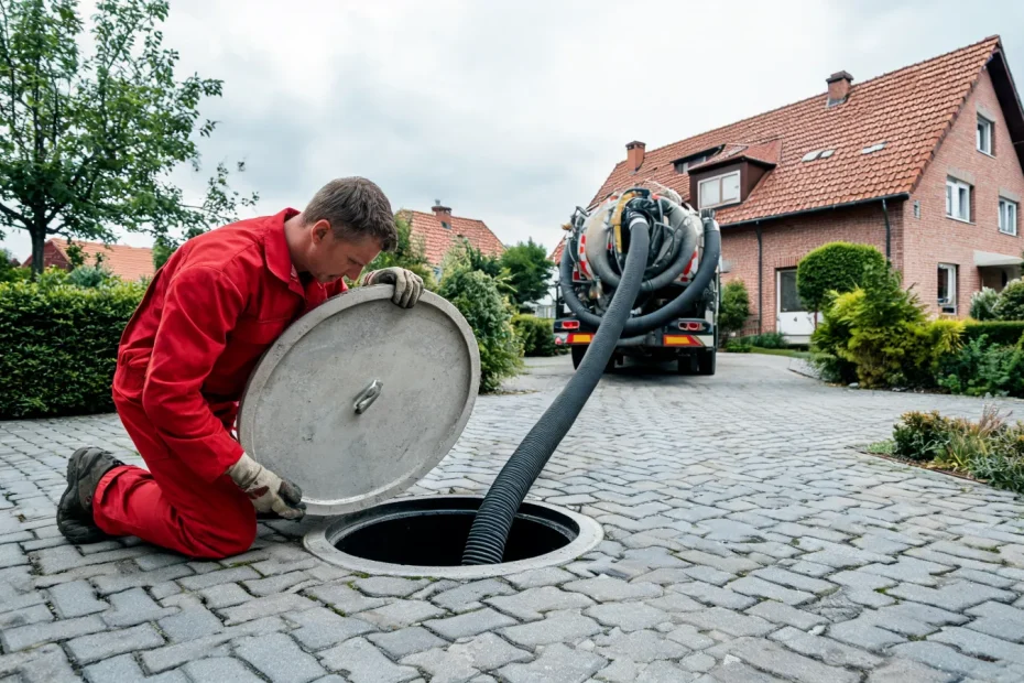 Sickergrube reinigen: Fachkraft öffnet den Sickerschacht, Saugwagen im Hintergrund