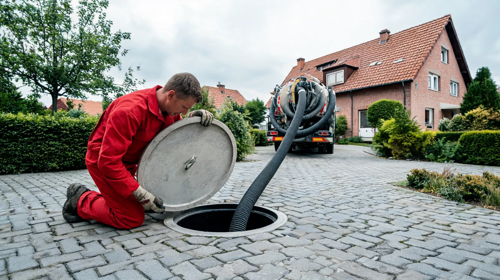 Sickergrube reinigen: Fachkraft öffnet den Sickerschacht, Saugwagen im Hintergrund