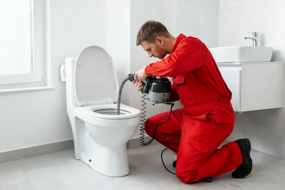Toilettenabfluss verstopft: Rohrreiniger setzt eine Spirale an der Toilette ein