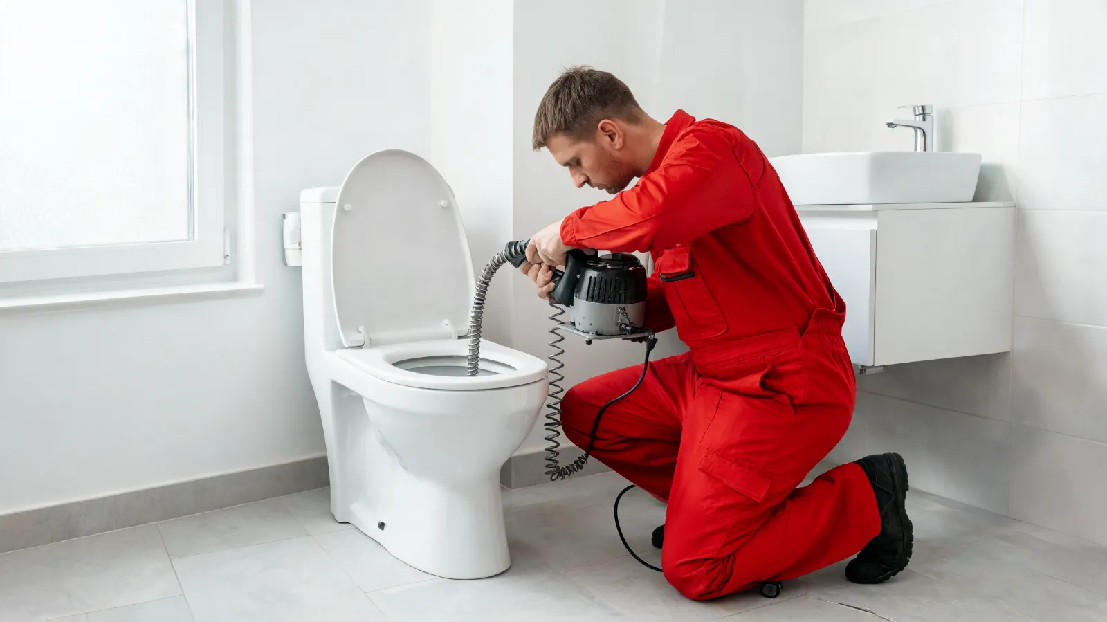 Toilettenabfluss verstopft: Rohrreiniger setzt eine Spirale an der Toilette ein