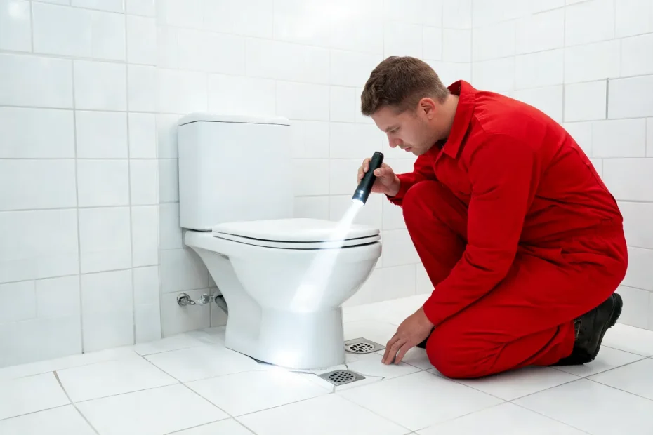 WC stinkt nach Kanal: Installateur prüft Toilettenanschluss und Bodenablauf