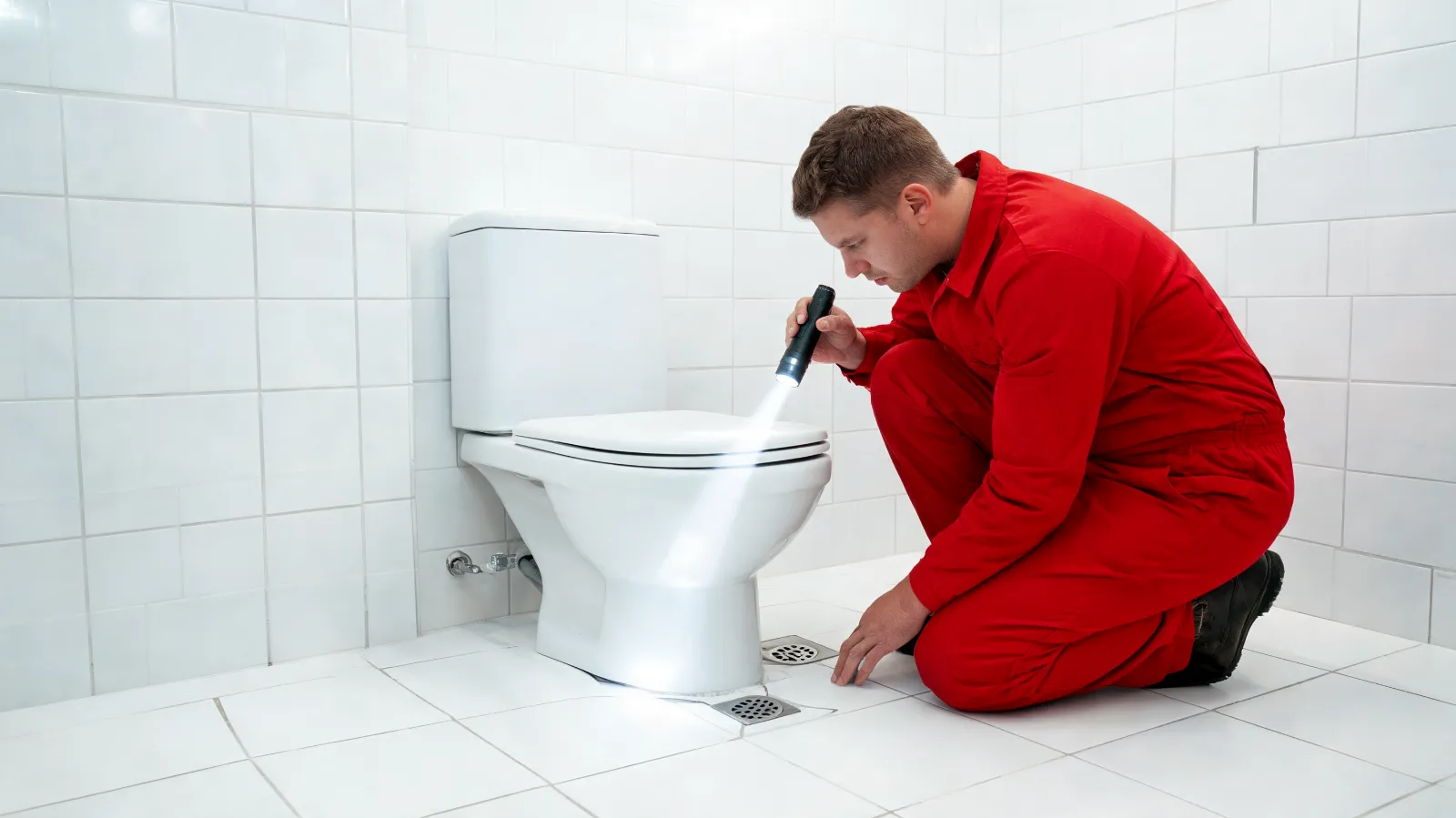 WC stinkt nach Kanal: Installateur prüft Toilettenanschluss und Bodenablauf