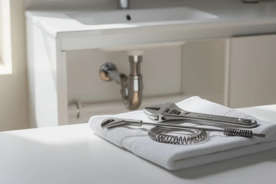 Abfluss stinkt: Waschbecken mit freigelegtem Siphon und Werkzeug zur Abflussreinigung