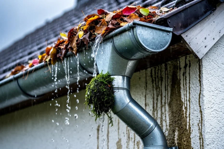 Fallrohr verstopft: Dachrinne mit Laub und Moos läuft bei Regen über