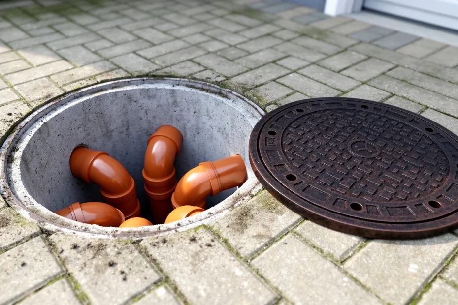 Revisionsschacht: geöffneter Kontrollschacht mit Gussdeckel und Abwasserrohren im gepflasterten Hof