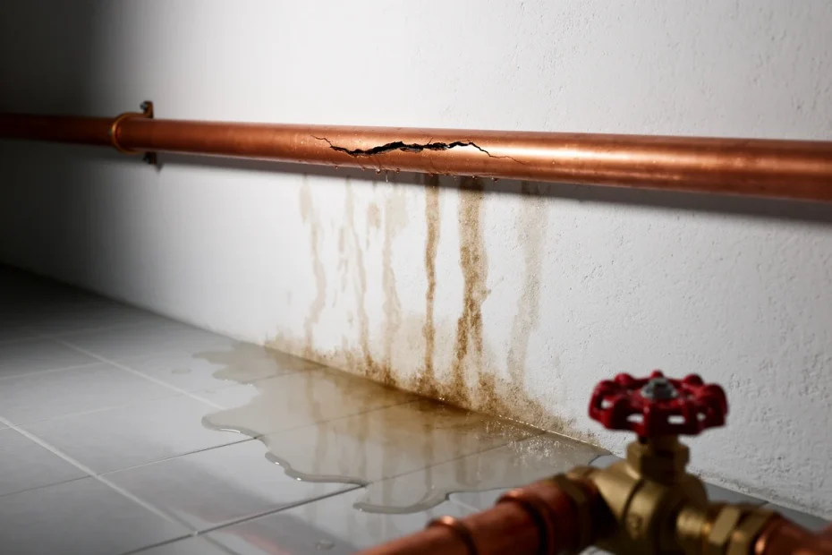 Rohrbruch im Haus: gerissenes Kupferrohr mit Wasserlache im Keller und Hauptabsperrventil